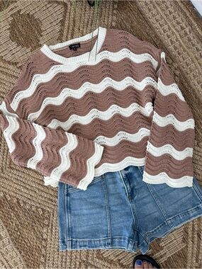 Wave Stripe Crew Sweater - Dusty Rose & Cream